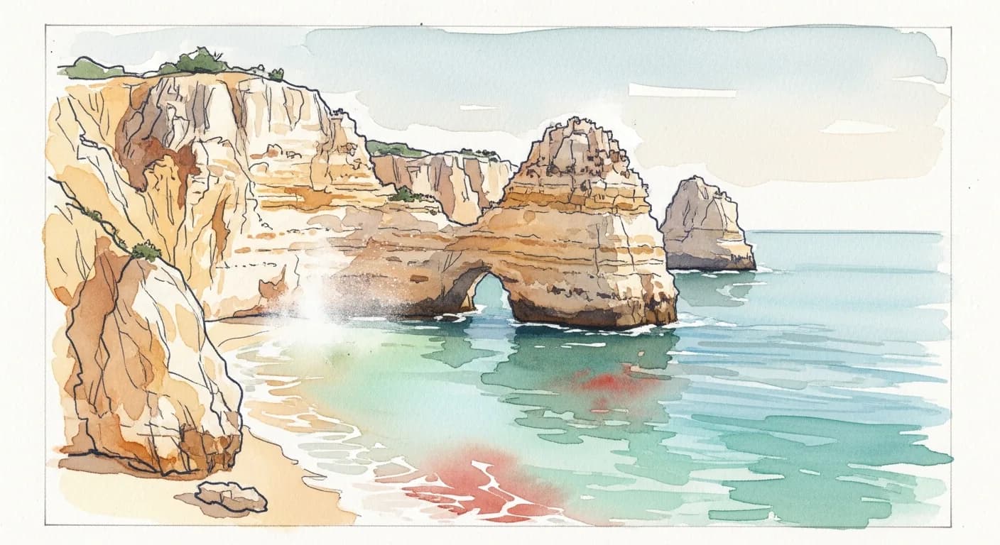 Watercolor painting of an Algarve beach cove with golden limestone cliffs and turquoise sea
