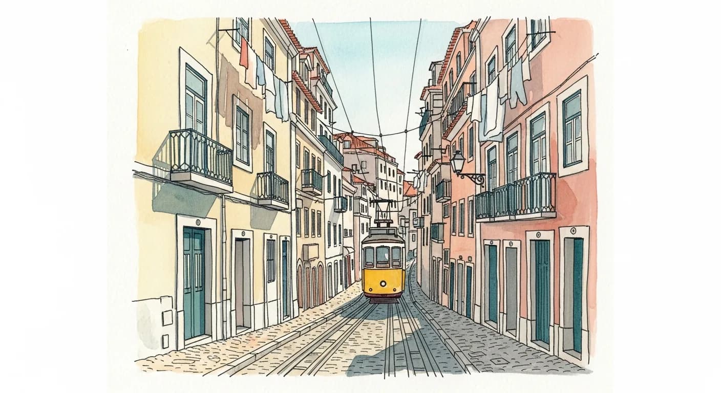 Watercolor painting of a steep Alfama street in Lisbon with a yellow tram and pastel facades