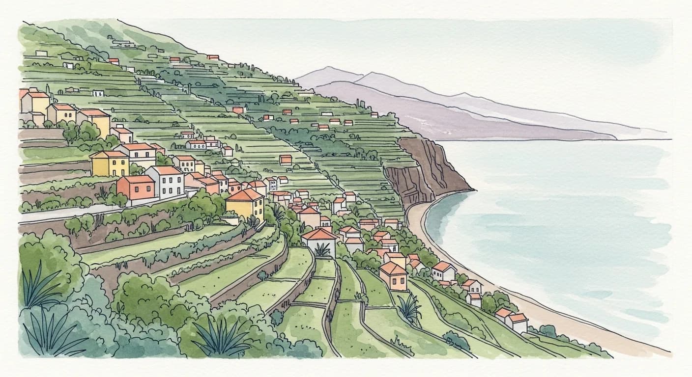 Watercolor painting of the terraced green hillsides of Funchal descending to a calm Atlantic bay in Madeira